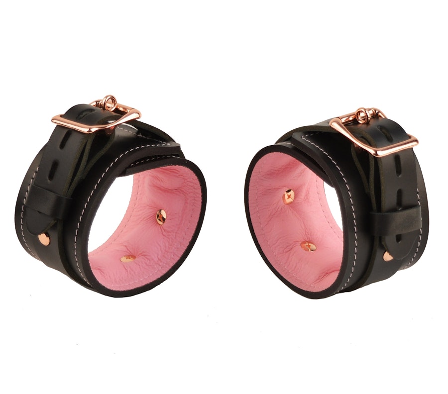 Black and Blush Pink Leather with Rose Gold Bondage Restraint Set | Collar Wrist Ankle Cuffs, Connectors Locks | Set1BBlPnkRg Image # 217792
