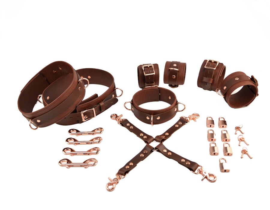Brown Leather & Rose Gold Bondage Restraint Set Collar, Wrist/Ankle/Thigh Cuffs, Cross Connector, Snap Hooks, Padlocks