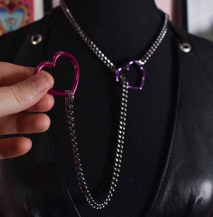 Half And Half Gunmetal + Hot Pink/ Purple Heart Ring Slip Chain / Fashion Version photo