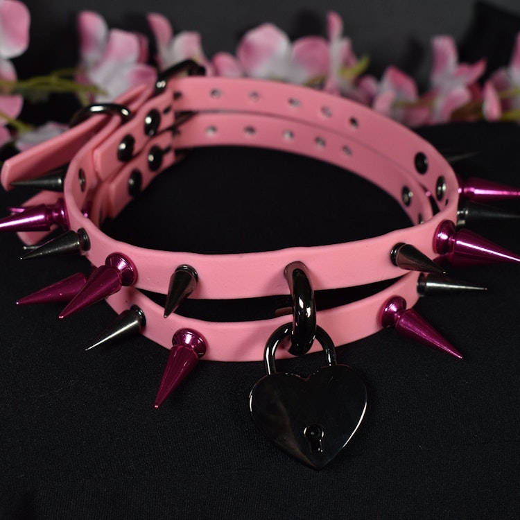 Pink Biothane Double Spiked Locked Choker (Vegan Leather) photo