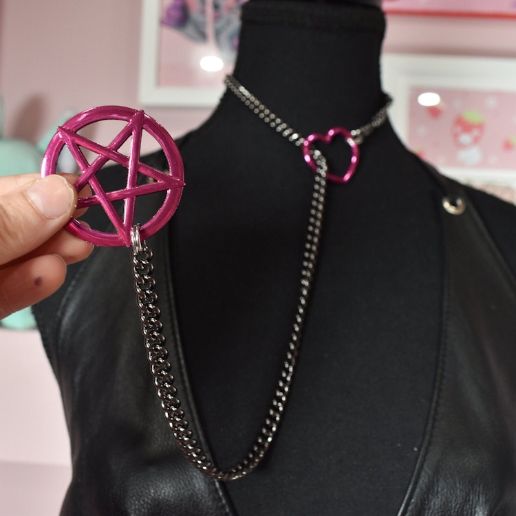 Hot Pink Gunmetal Pentagram Slip Chain / 25 Inches / Fashion Version photo