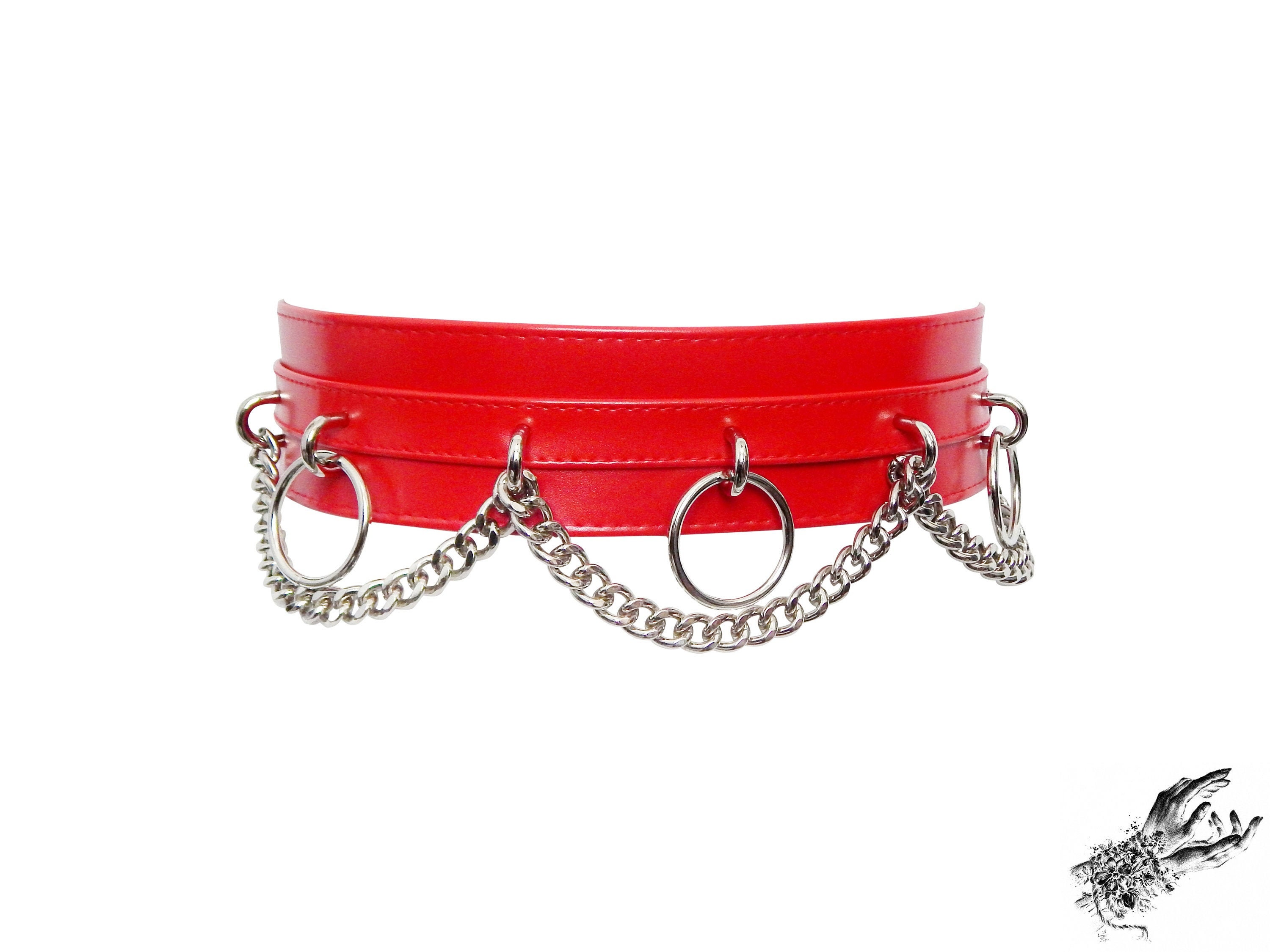 SALE - Red Vegan Leather O Ring and Chain Belt, Red Vegan Leather Belt, Chunky Chain Belt, Red O Ring Belt, Plus Size Belt, Red Faux Leather Belt photo