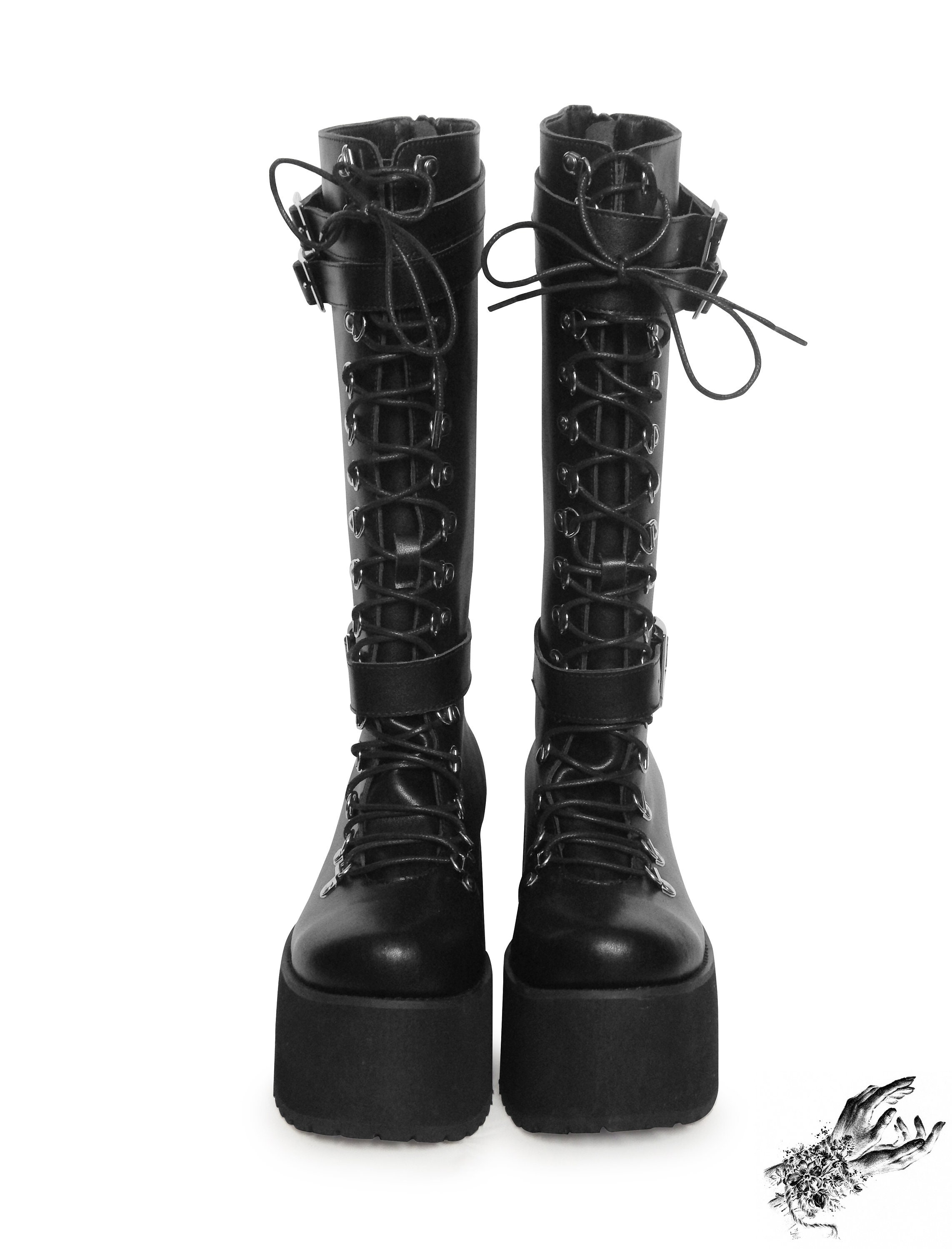 Black Matte Leather Knee High Platform Boots, "Lexa" Gothic Platform Boots, Real Leather, Vegan Leather, Large Sizes, Custom Gothic Boots photo