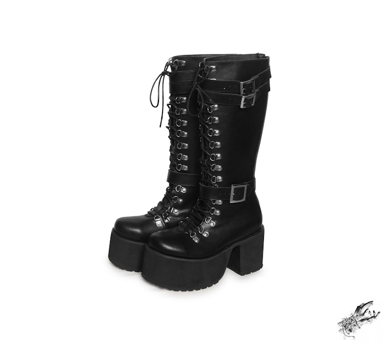 Black Matte Leather Knee High Platform Boots, "Lexa" Gothic Platform Boots, Real Leather, Vegan Leather, Large Sizes, Custom Gothic Boots photo