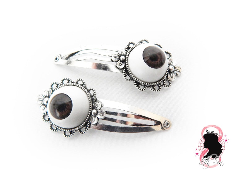 Antique Silver and Brown Eyeball Hair Clips, Evil Eye Hair Clips, Doll Eye Hair Clips, Brown Evil Eye Hair Clips, Silver Eyeball Hair Clips photo