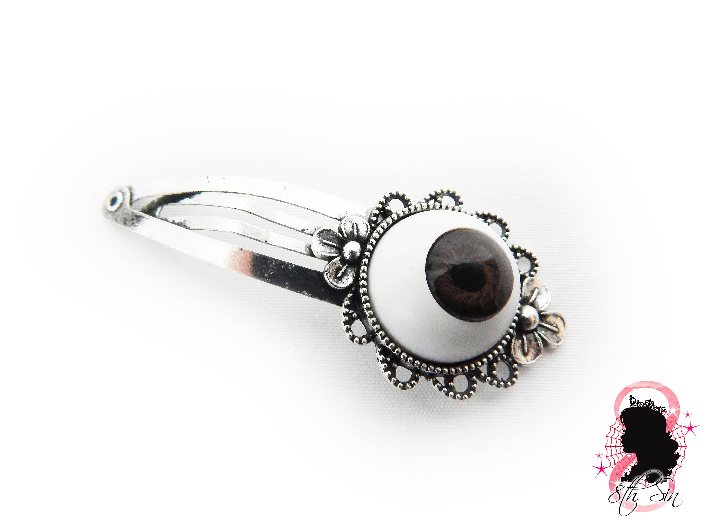 Antique Silver and Brown Eyeball Hair Clips, Evil Eye Hair Clips, Doll Eye Hair Clips, Brown Evil Eye Hair Clips, Silver Eyeball Hair Clips photo