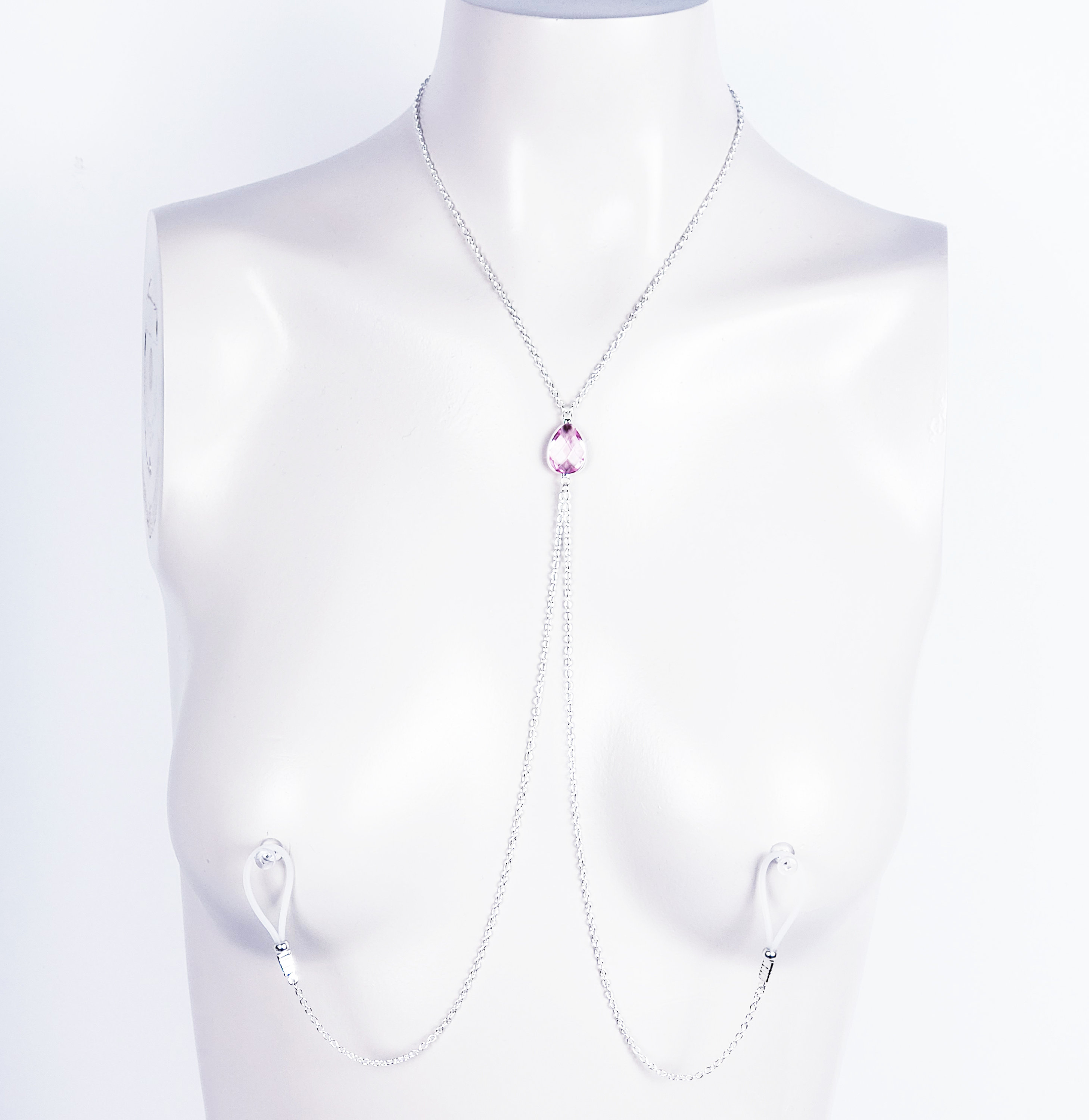 Erotic Necklace with Crystal and attached Nipple Chains. Choose Non Piercing Nipple Nooses or Nipple Clamps. MATURE, Submissive, BDSM photo