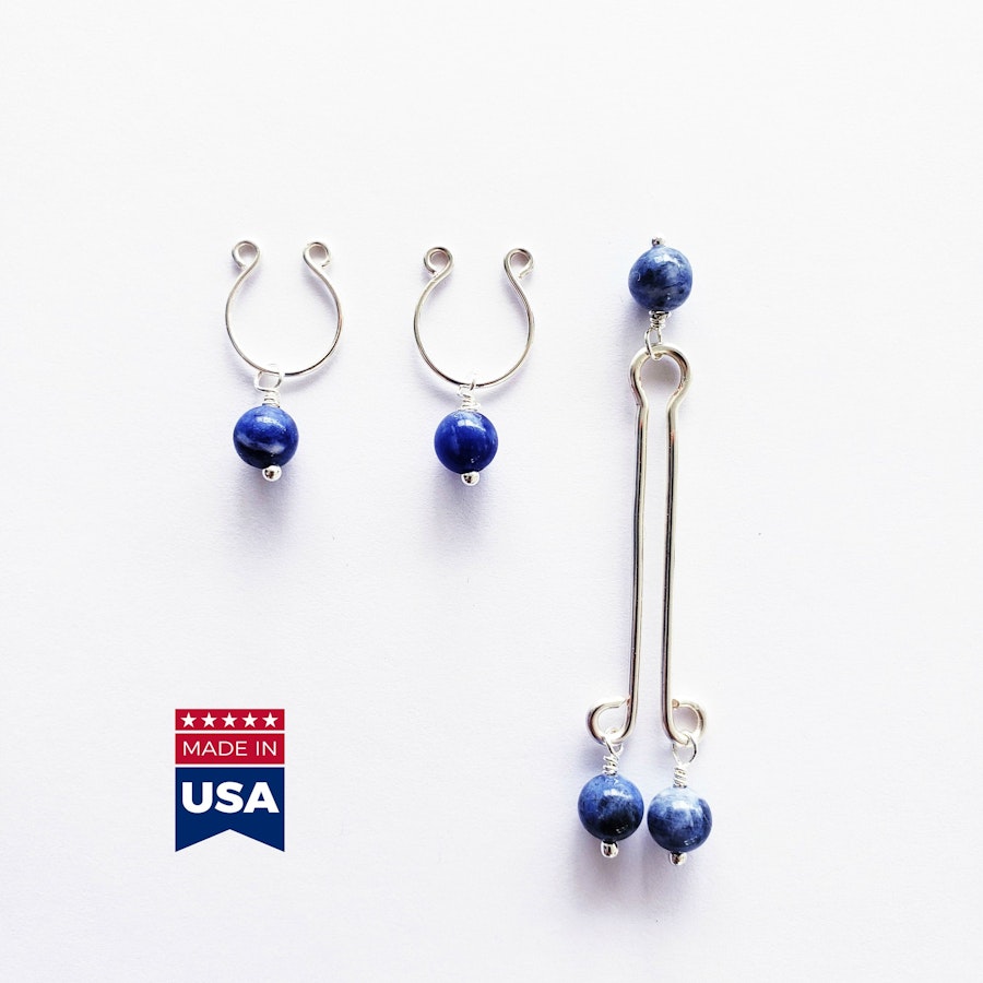Non Piercing Nipple Rings and Labia Clip Set. Non Piercing. With Blue Stone Beads. Not Pierced Intimate Body Jewelry for Women, BDSM, MATURE