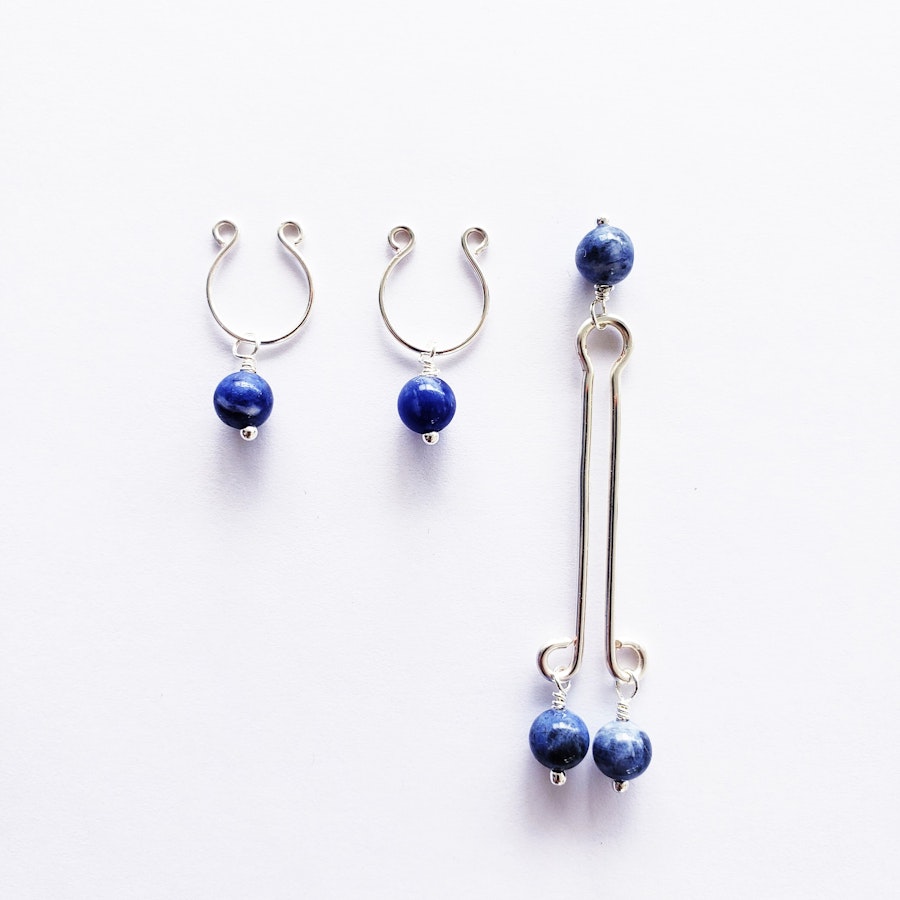 Non Piercing Nipple Rings and Labia Clip Set. Non Piercing. With Blue Stone Beads. Not Pierced Intimate Body Jewelry for Women, BDSM, MATURE Image # 28542
