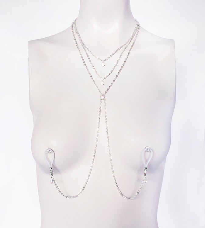 Elegant crystal teardrop 3 tiered necklace with attached nipple nooses or feel the sting with nipple clamps. BDSM, Mature, Submissive, DDLG photo