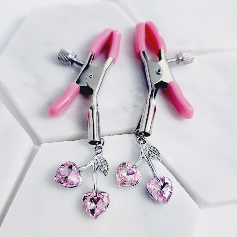 Pink Adjustable Nipple Clamps with Gemstone Heart Cherry Pendants. MATURE, DDLG, BDSM Image # 28902