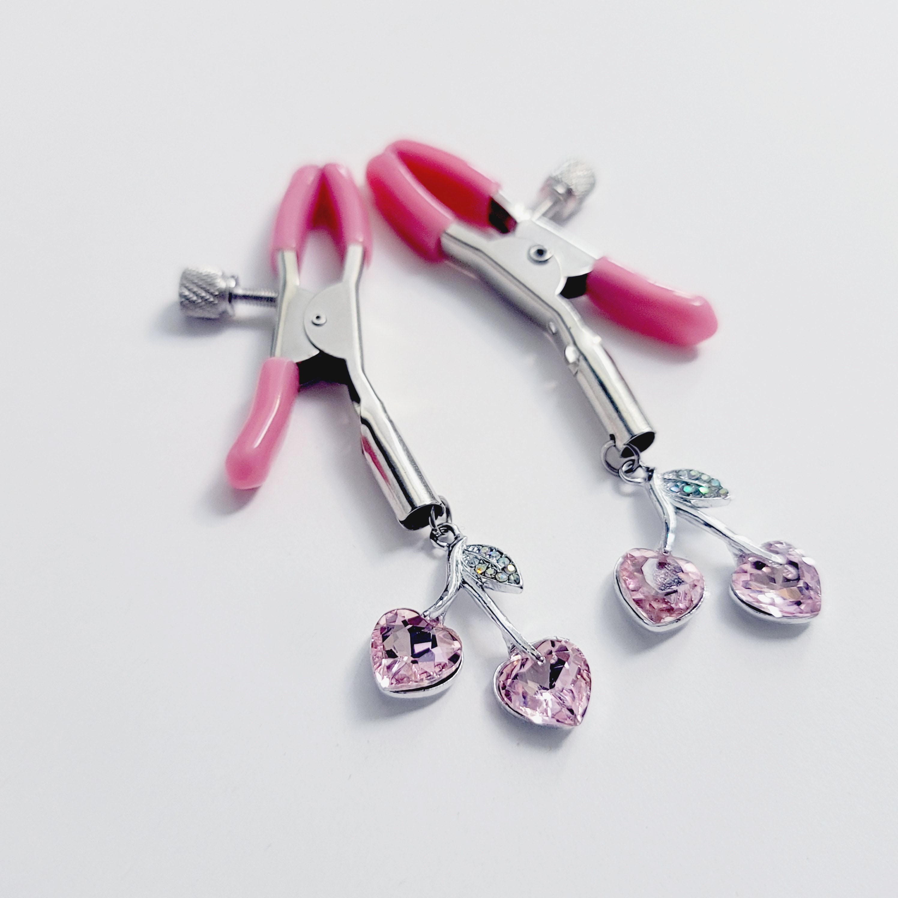 Pink Adjustable Nipple Clamps with Gemstone Heart Cherry Pendants. MATURE, DDLG, BDSM photo