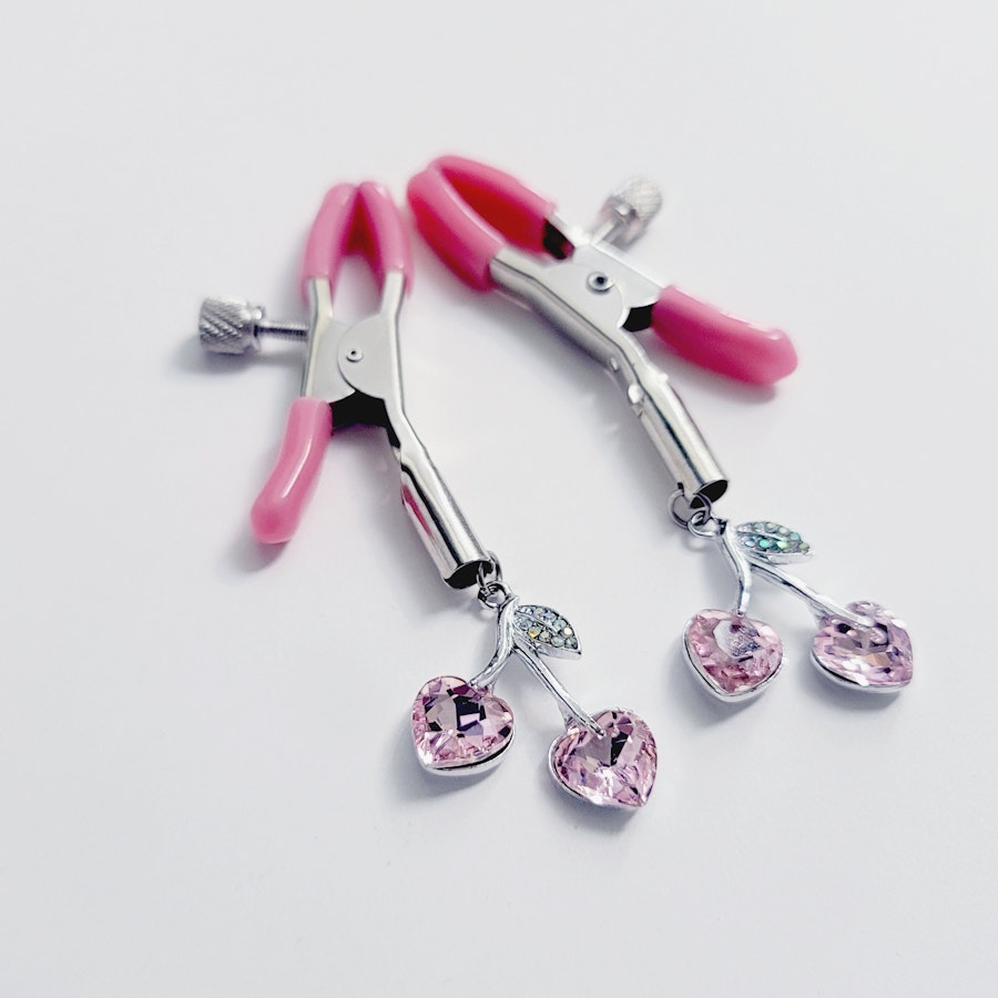 Pink Adjustable Nipple Clamps with Gemstone Heart Cherry Pendants. MATURE, DDLG, BDSM Image # 28898