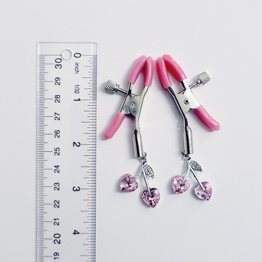 Pink Adjustable Nipple Clamps with Gemstone Heart Cherry Pendants. MATURE, DDLG, BDSM Image # 28899
