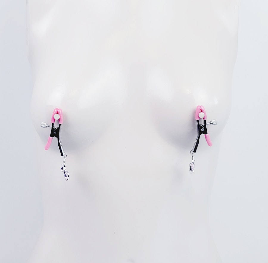 Pink Adjustable Nipple Clamps with Gemstone Heart Cherry Pendants. MATURE, DDLG, BDSM Image # 28900