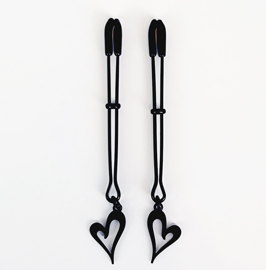 Nipple Clamps, Black Tweezer Clamps with Black Hearts. Set of Two. MATURE, Non Piercing Nipple, BDSM Image # 28859