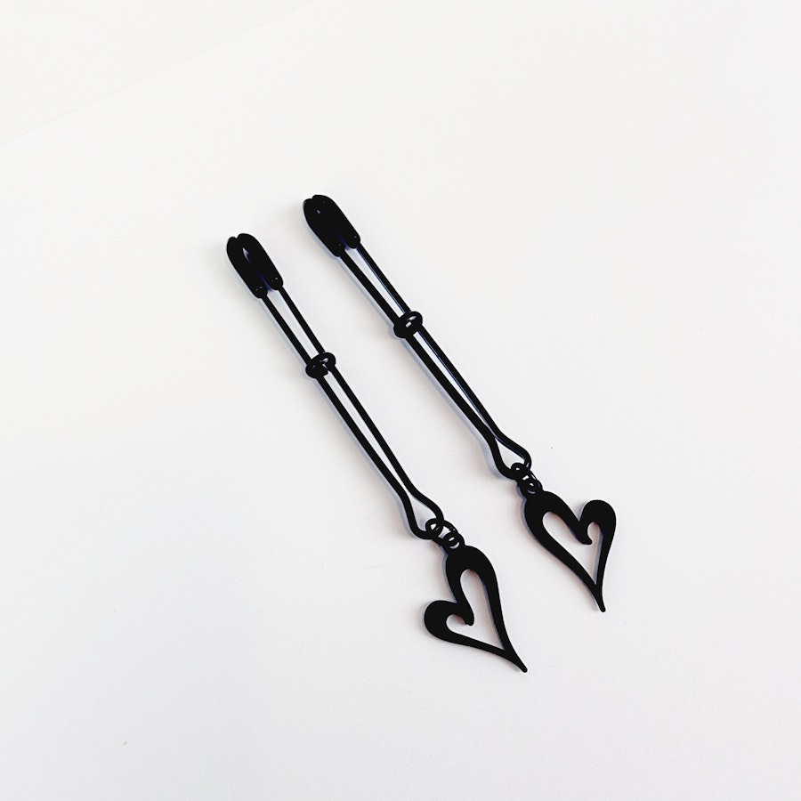 Nipple Clamps, Black Tweezer Clamps with Black Hearts. Set of Two. MATURE, Non Piercing Nipple, BDSM Image # 28860