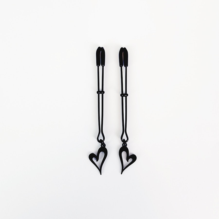 Nipple Clamps, Black Tweezer Clamps with Black Hearts. Set of Two. MATURE, Non Piercing Nipple, BDSM Image # 28864