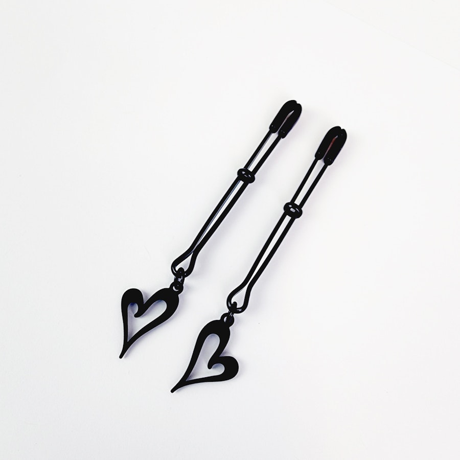 Nipple Clamps, Black Tweezer Clamps with Black Hearts. Set of Two. MATURE, Non Piercing Nipple, BDSM