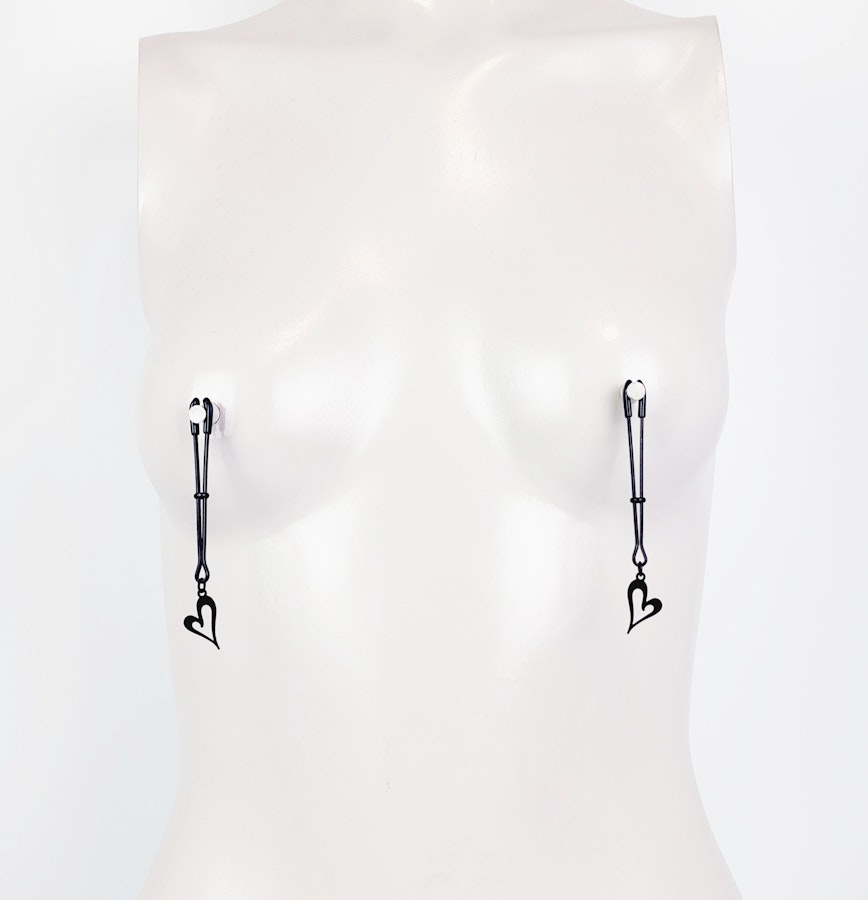 Nipple Clamps, Black Tweezer Clamps with Black Hearts. Set of Two. MATURE, Non Piercing Nipple, BDSM Image # 28858