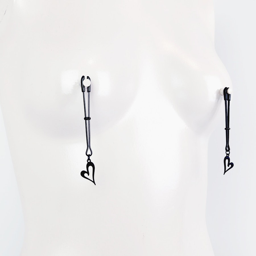 Nipple Clamps, Black Tweezer Clamps with Black Hearts. Set of Two. MATURE, Non Piercing Nipple, BDSM Image # 28863