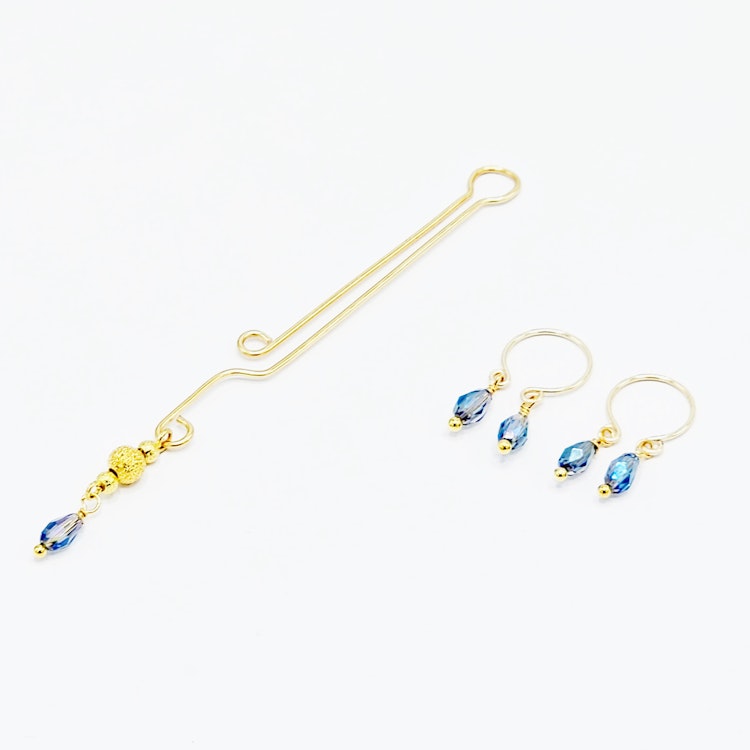 Non Piercing Nipple and Clitoral Jewelry Set. Gold and Blue Crystal Nipple Ring Dangles and Labia Clip for BDSM Submissive. MATURE photo
