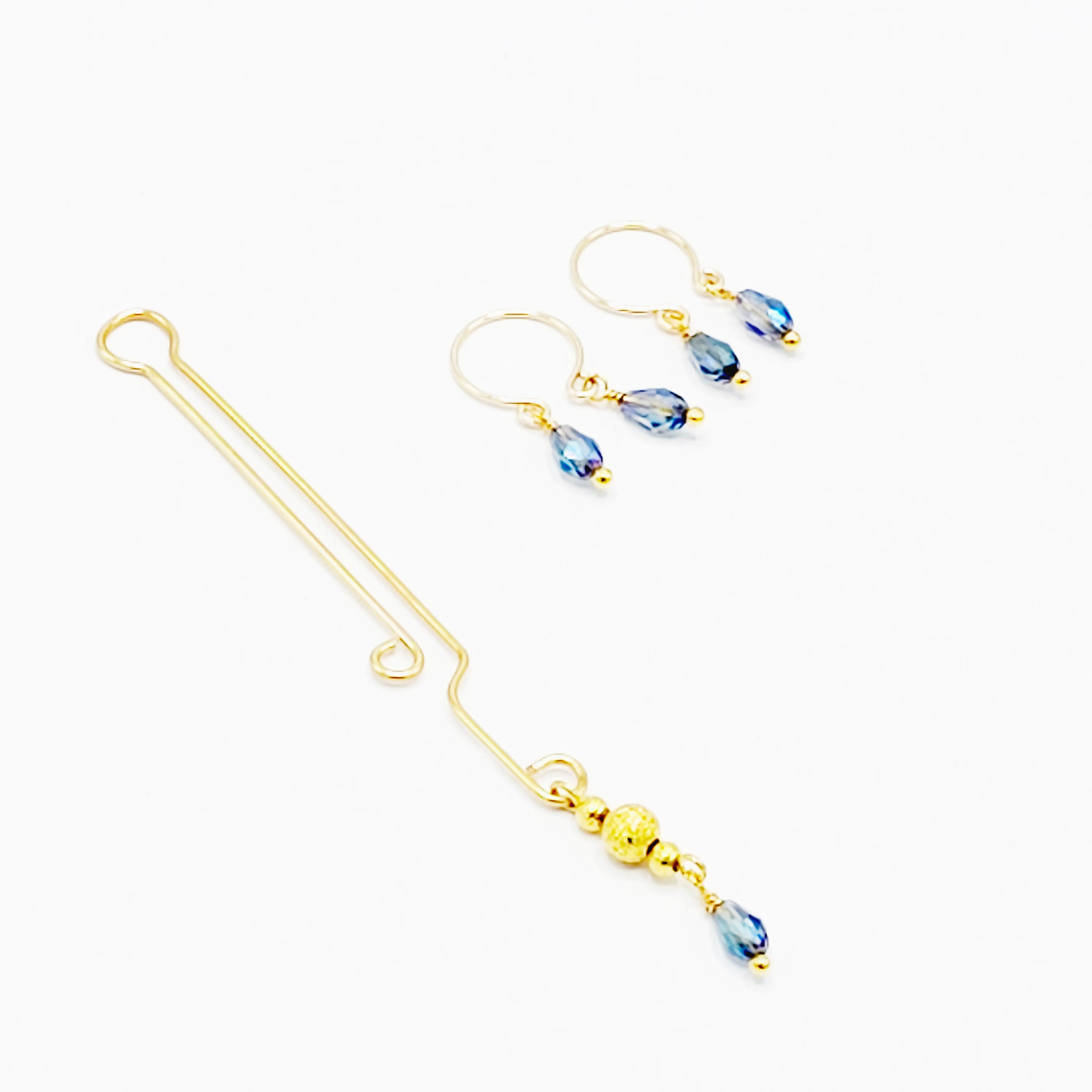 Non Piercing Nipple and Clitoral Jewelry Set. Gold and Blue Crystal Nipple Ring Dangles and Labia Clip for BDSM Submissive. MATURE photo