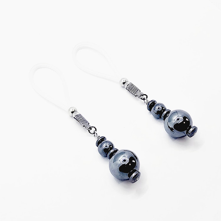 Weighted Nipple Noose Dangles with Hematite Beads, Non-Piercing. Or choose one of our five types of nipple clamps. MATURE, BDSM photo