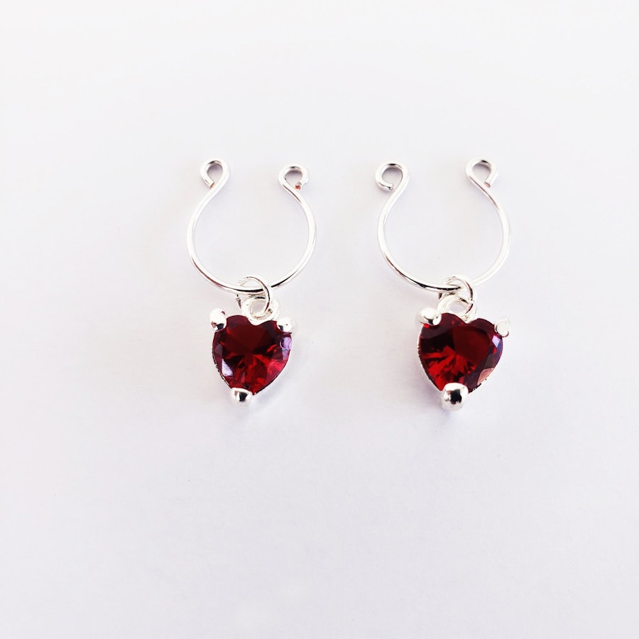 Non Piercing Nipple Rings with Red Gemstone Hearts. Valentine's Gift for Her, MATURE Jewelry Image # 29137