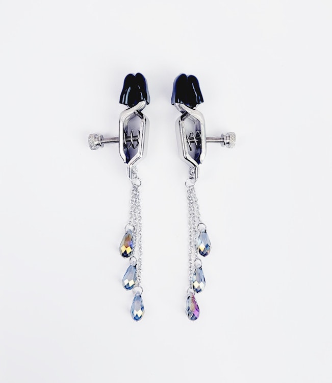 BDSM Nipple Clamps. Spring Action Silver Alligator Nipple Clamps with Crystal Dangles. photo