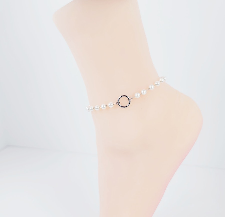 Stainless Steel Circle of O Anklet for Submissive with Pearls. Discreet Day Collar Ankle Bracelet. 24/7 wear, BDSM Image # 29089