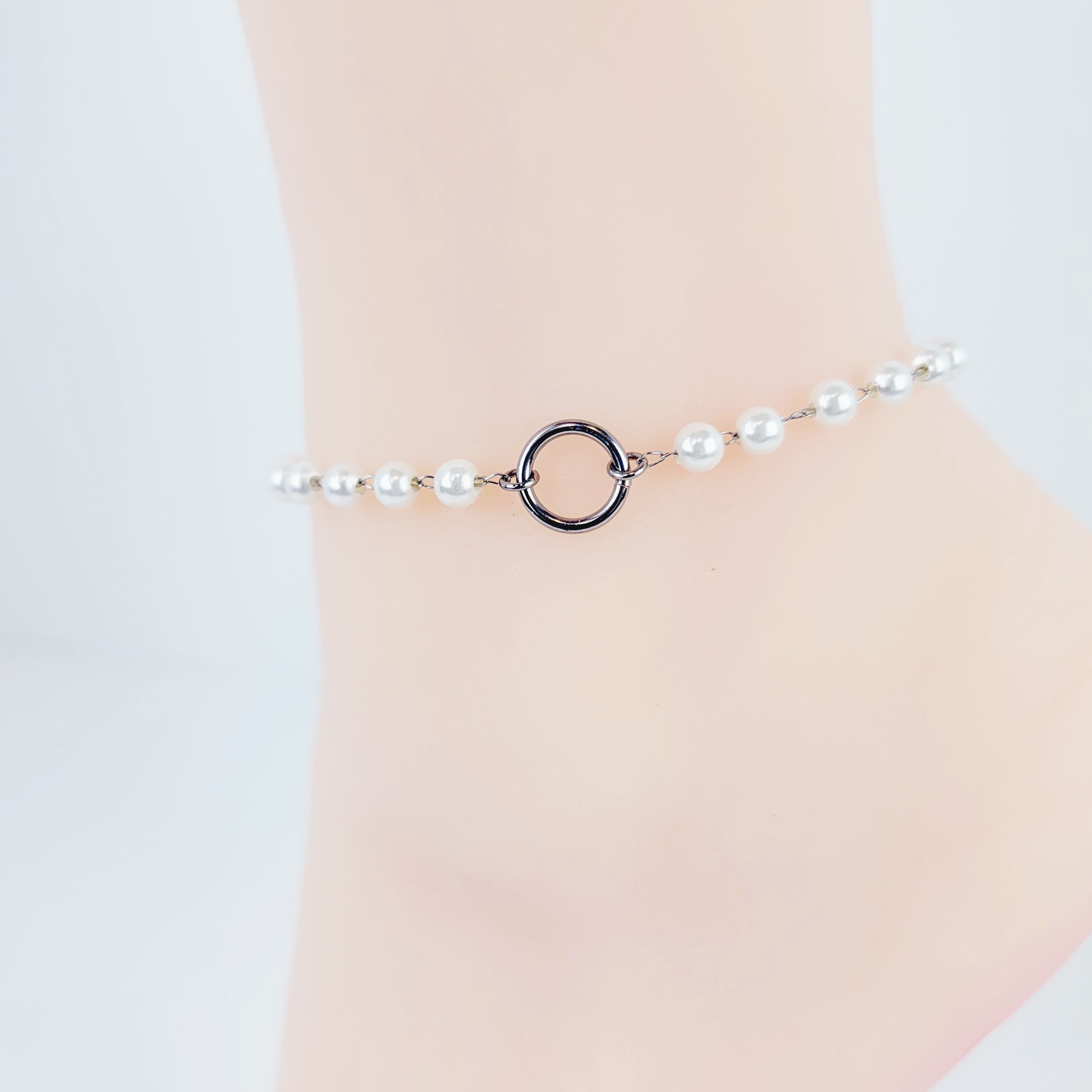 Stainless Steel Circle of O Anklet for Submissive with Pearls. Discreet Day Collar Ankle Bracelet. 24/7 wear, BDSM photo