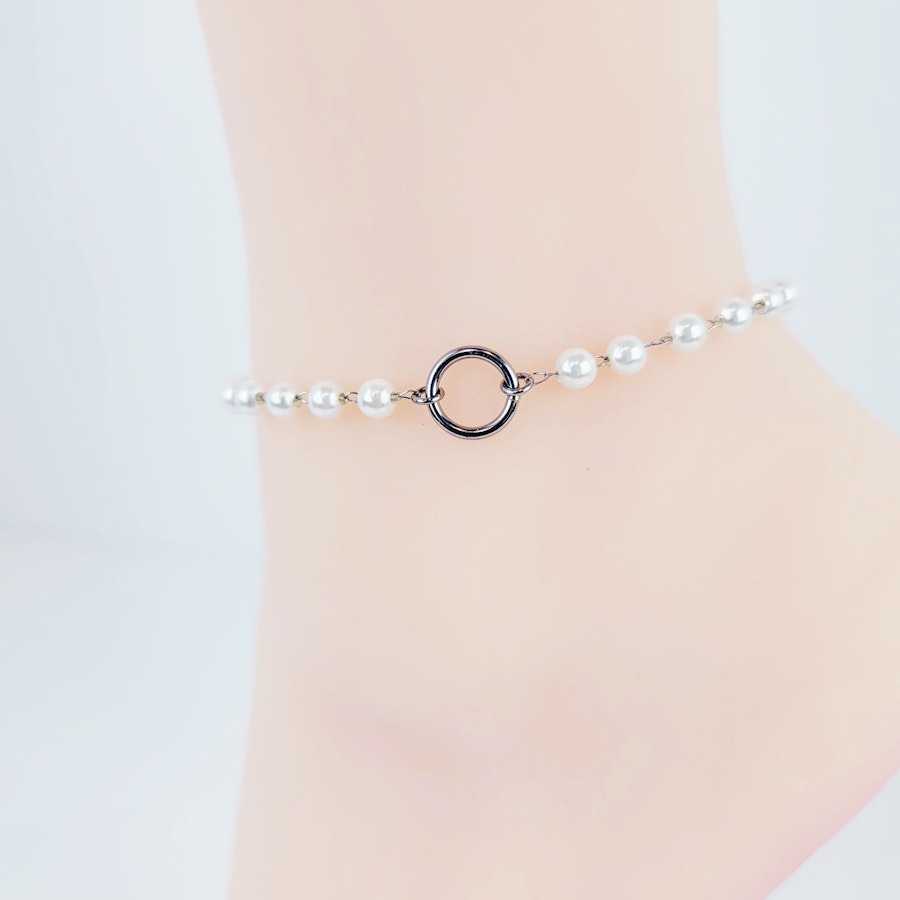 Stainless Steel Circle of O Anklet for Submissive with Pearls. Discreet Day Collar Ankle Bracelet. 24/7 wear, BDSM Image # 29088
