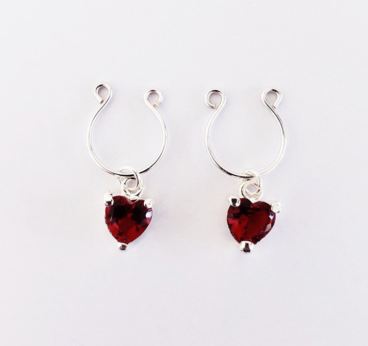 Non Piercing Nipple Rings with Red Gemstone Hearts. Valentine's Gift for Her, MATURE Jewelry photo