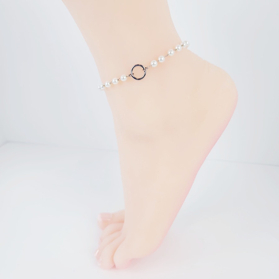Stainless Steel Circle of O Anklet for Submissive with Pearls. Discreet Day Collar Ankle Bracelet. 24/7 wear, BDSM