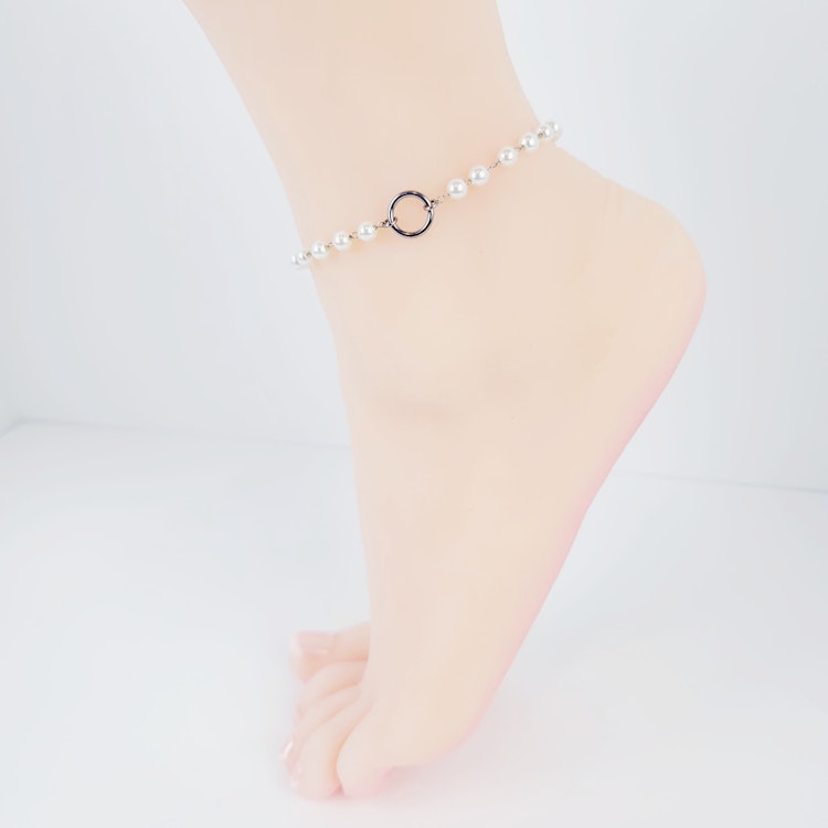 Stainless Steel Circle of O Anklet for Submissive with Pearls. Discreet Day Collar Ankle Bracelet. 24/7 wear, BDSM photo