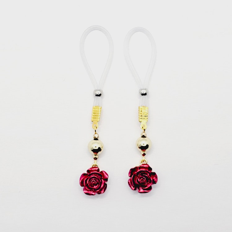 Nipple Nooses or Nipple Clamps with Gold and Red Roses. Non Piercing Nipple Jewelry, MATURE, BDSM photo