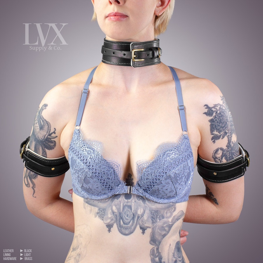 Leather Arm Harness & Collar | Padded Leather Bondage Harness | BDSM Cuffs Collar Wrist Arm Restraints Submissive DDlg Slave | LVX Supply Image # 32558