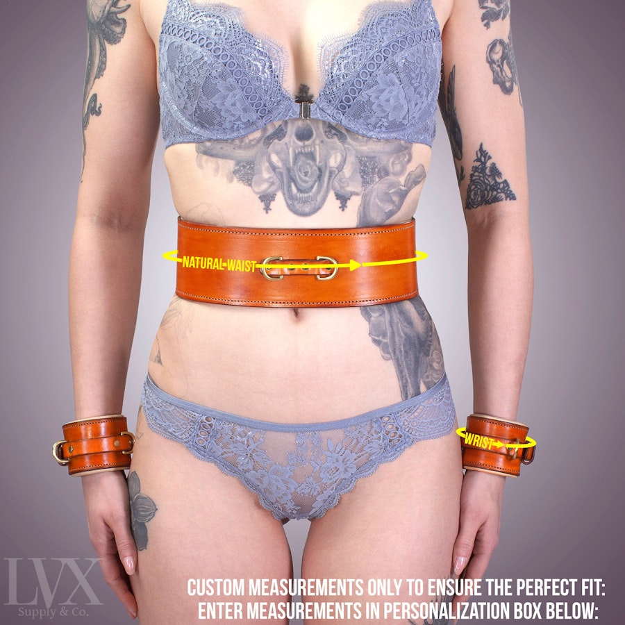 BDSM Waist Harness & Cuffs Set | Padded Leather Bondage Harness Belt and Handcuffs DDlg Femdom Submissive Slave Restraints | LVX Supply Image # 32533