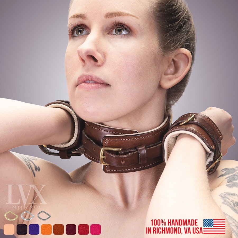 Padded Leather Stocks | Leather BDSM Collar w/ Attached Cuffs | Leather Bondage Harness Set Submissive Slave Toys bdsm-gear | LVX Supply