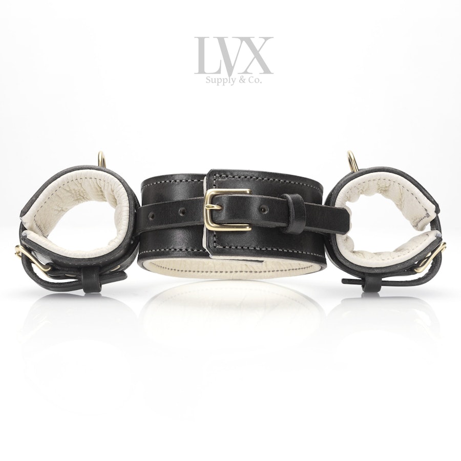 Padded Leather Stocks | Leather BDSM Collar w/ Attached Cuffs | Leather Bondage Harness Set Submissive Slave Toys bdsm-gear | LVX Supply Image # 32662