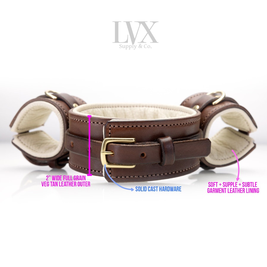 Padded Leather Stocks | Leather BDSM Collar w/ Attached Cuffs | Leather Bondage Harness Set Submissive Slave Toys bdsm-gear | LVX Supply Image # 32661