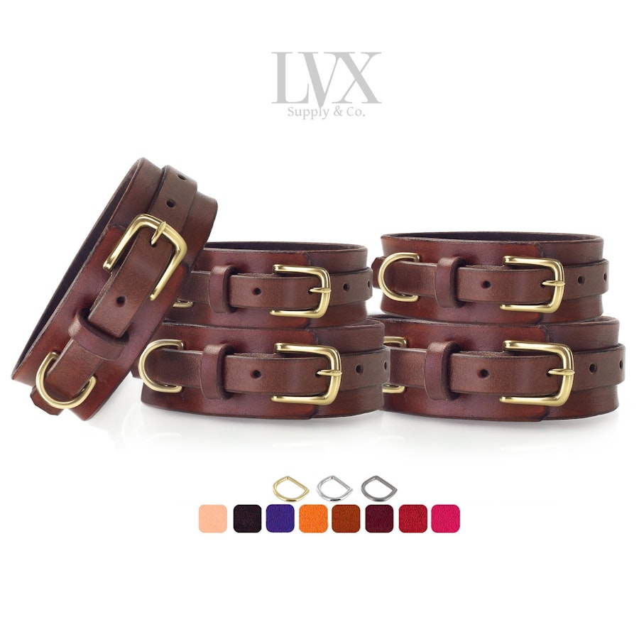 BDSM Collar & Cuffs Set | Suede Lined Leather Bondage Collar with BDsM Cuffs for Wrist + Ankle for DDLG Submissive Femdom Slave | LVX Supply