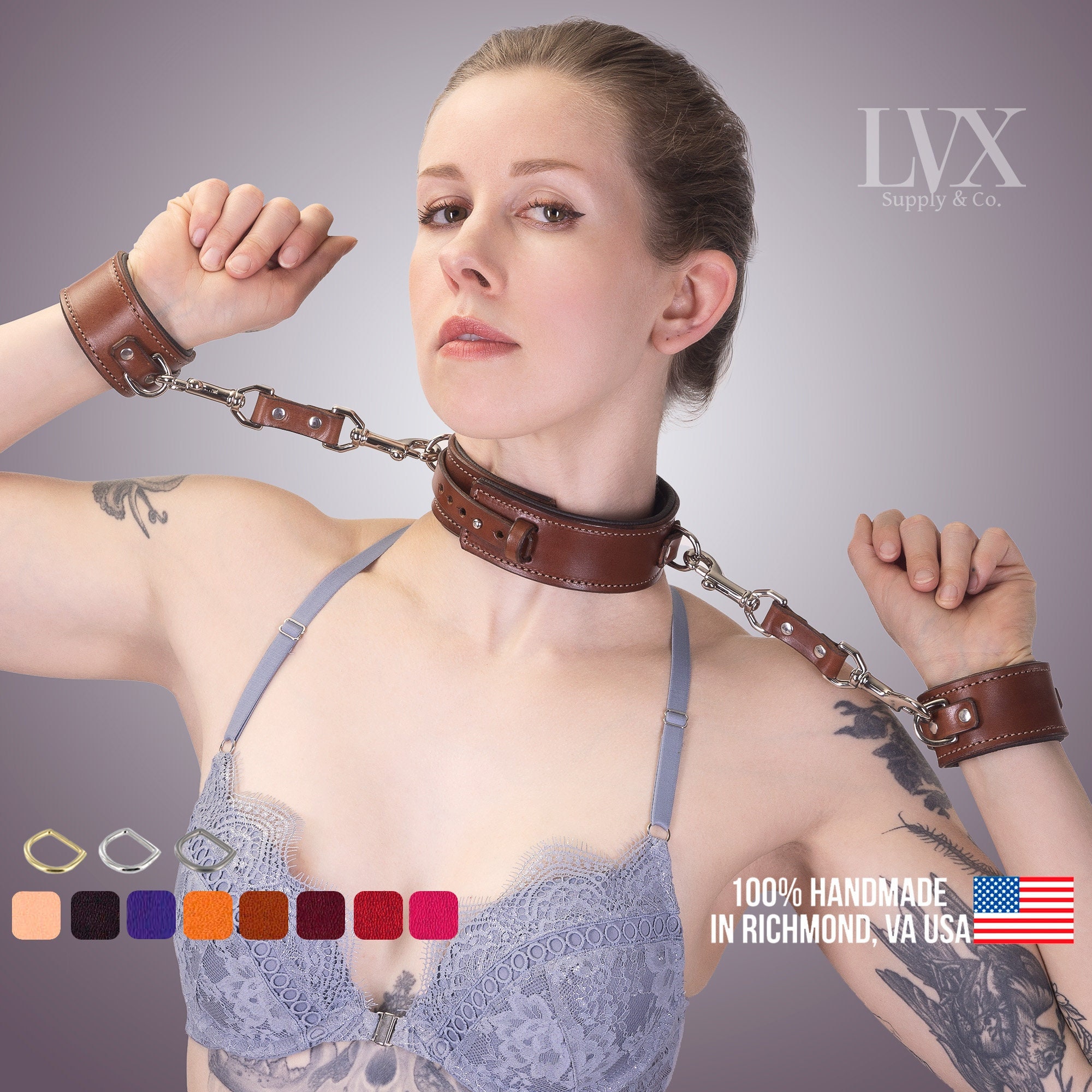 Slim Quick-Release BDSM Collar & Cuffs Set | Padded Leather Bondage Set | BDsm-gear Handcuffs Set | Submissive Slave Restraints | LVX Supply photo
