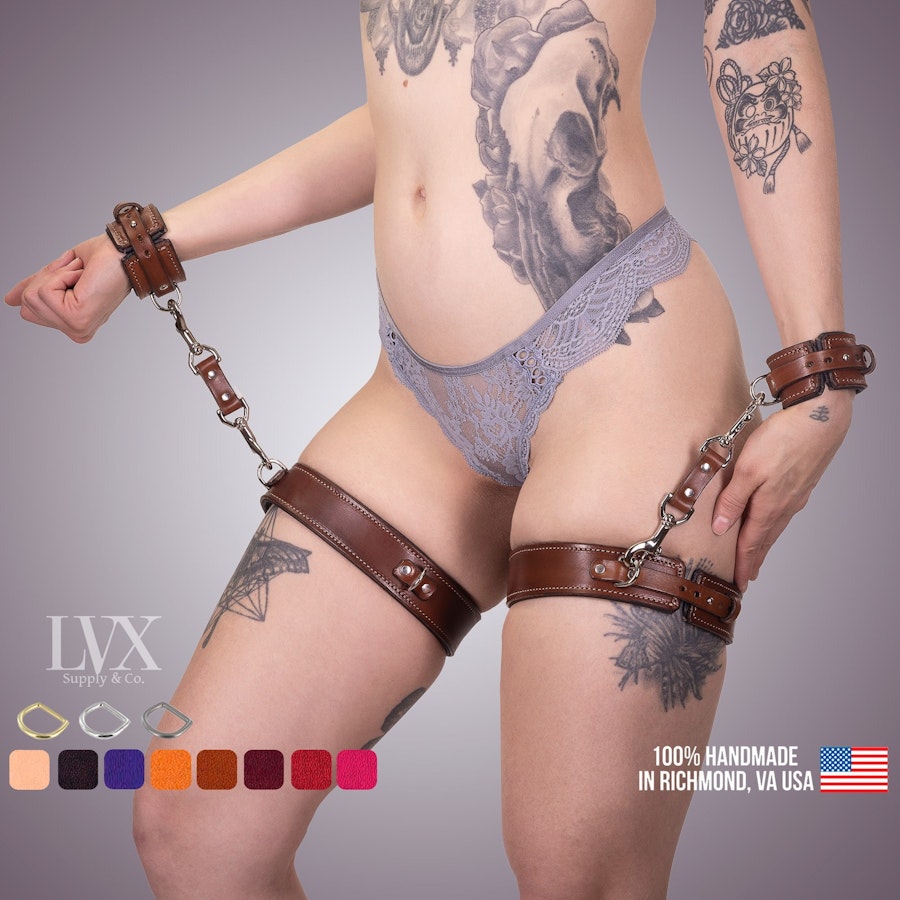 Slim Quick-Release BDSM Leg Harness & Cuffs | Padded Leather Bondage Set | Thigh Garters Handcuffs Submissive Slave Restraints | LVX Supply