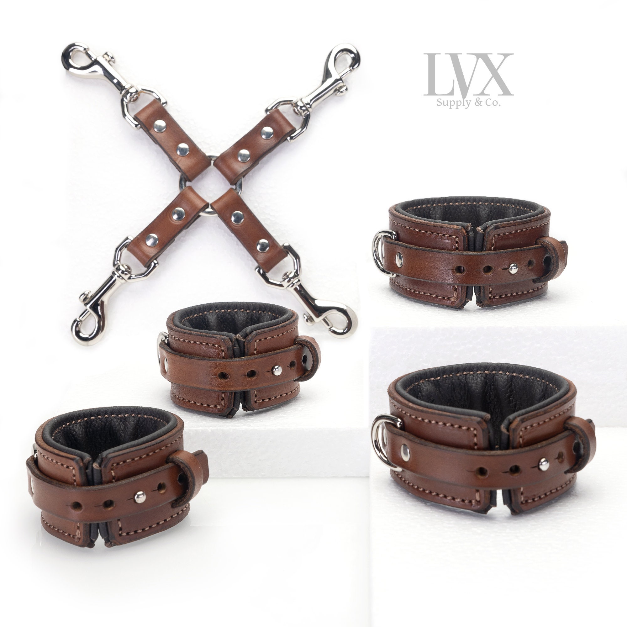 Slim Quick Release BDSM HogTie Set | Padded Leather Bondage BDSM Cuffs + Hog Tie | Submissive Restraints DDlg Slave | BDsM Toys | LVX Supply photo