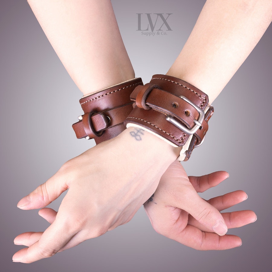 Attached BDSM Cuffs | Padded Leather Bondage Restraints | Handcuffs for DDlg FemDom Slave Submissive BDSM-gear | Handmade by LVX Supply Image # 35065