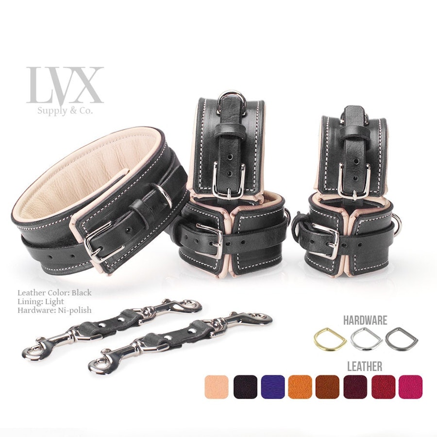 BDSM Collar & Cuffs Set | Padded Leather Bondage BDsM Cuffs + Collar for Submissive Slave Restraints | Professional Bondage Set | LVX Supply