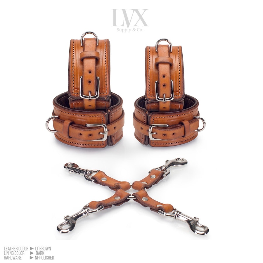 BDSM HogTie Set | Padded Leather Bondage BDSM Cuffs with Hog Tie | Submissive FemDom DDlg Spreader Restraints BDsM Toys | Handmade LVX Supply Image # 34857
