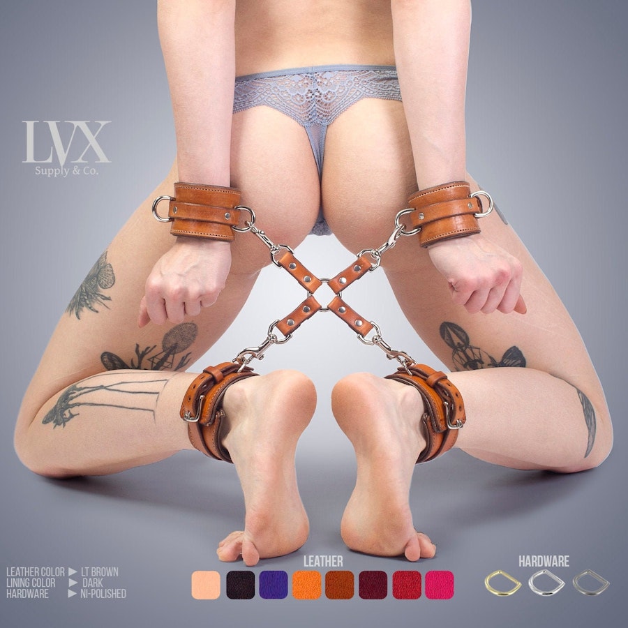 BDSM HogTie Set | Padded Leather Bondage BDSM Cuffs with Hog Tie | Submissive FemDom DDlg Spreader Restraints BDsM Toys | Handmade LVX Supply